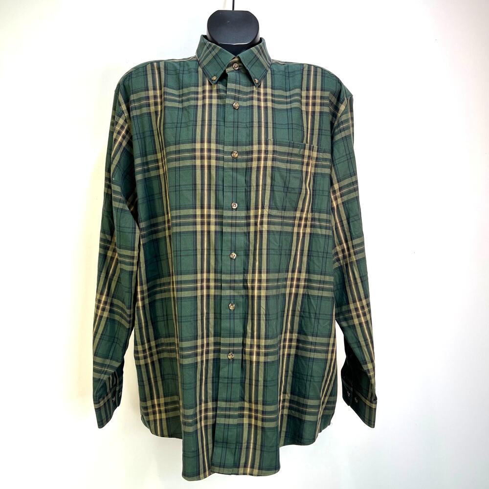 L.L. Bean Green Plaid Button Down Shirt Cotton Merino Wool Long Sleeves